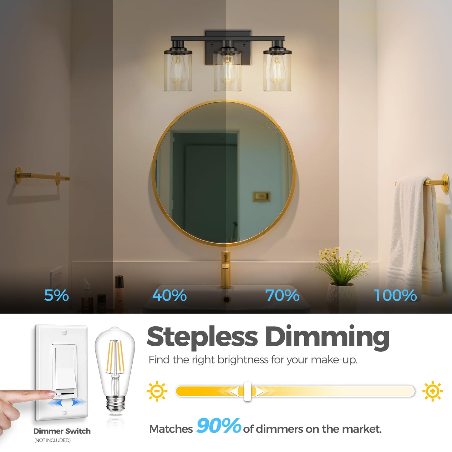 Doresshop 17 Inch Bathroom Light Fixtures  3-Light Black Bathroom Lighting Fixtures Over Mirror With Glass Shade  Modern Vanity Lights For Hallway Bedroom  Includes Bulbs
