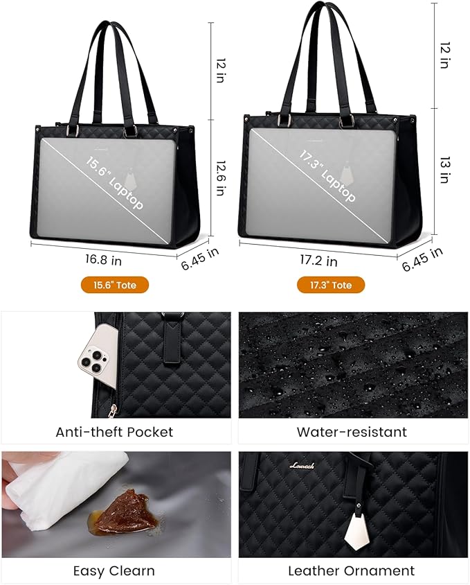 LOVEVOOK Lunch Tote Bag for Women, 15.6 Inch Laptop Bag with Insulated Lunch Compartment, Quilted Large Capacity Computer Handbag with Purse for Business, Work, Nurse, Office, Collage, Casual, Black