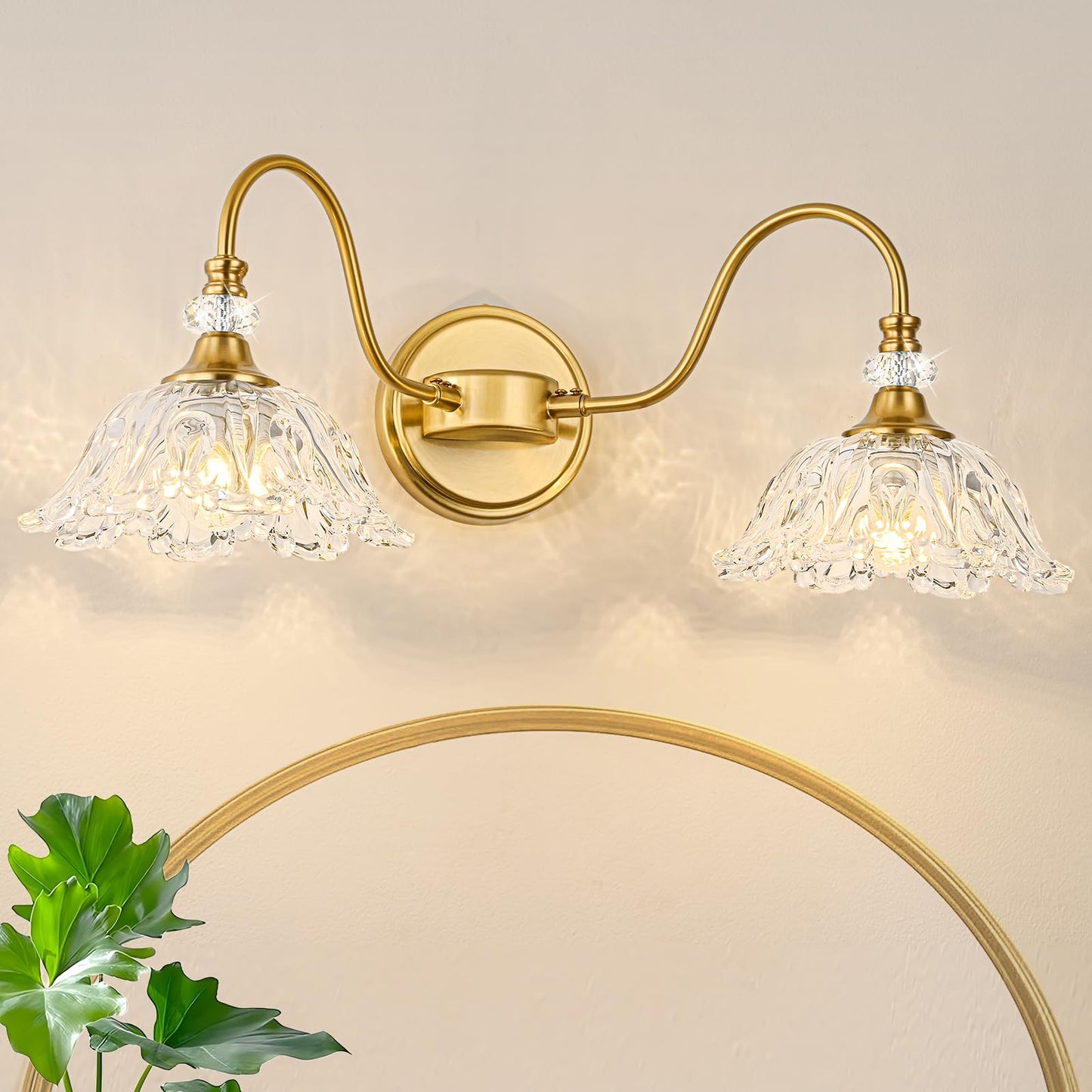 Sunkryster Gold Bathroom Vanity Light  2-Light Brushed Gold Finish Vanity Light With Floral Clear Glass Shades  Retro Wall Mount Lighting For Bathroom  Dressing Table