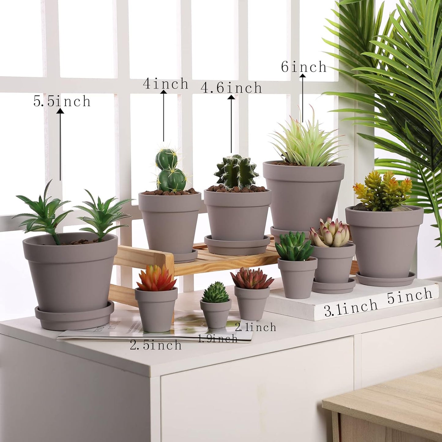 Yishang Large Terra Cotta Pots with Saucer- 6 Pack Large 6'' Terra Cotta Plant Pot with Drainage Hole, Flower Pot with Tray, Terracotta Pot for Indoor Outdoor Plant(Grey)