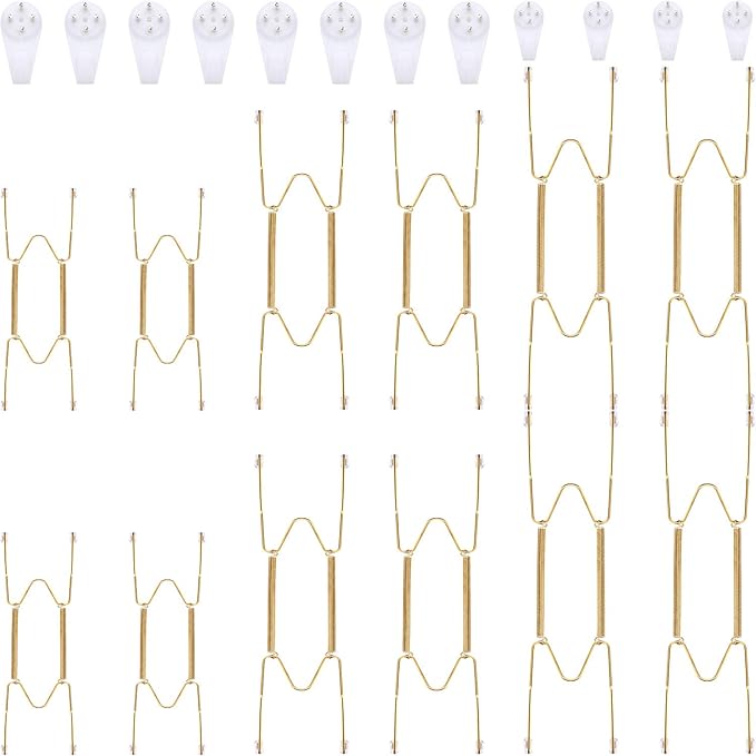 Hotop 12 Pieces Plate Hangers for Wall 8/12/14 Inch Stainless Steel Wire Invisible Plate Hangers Heavy Duty Display Holders with 12 Pieces Hooks for Wall Decorative(Gold)