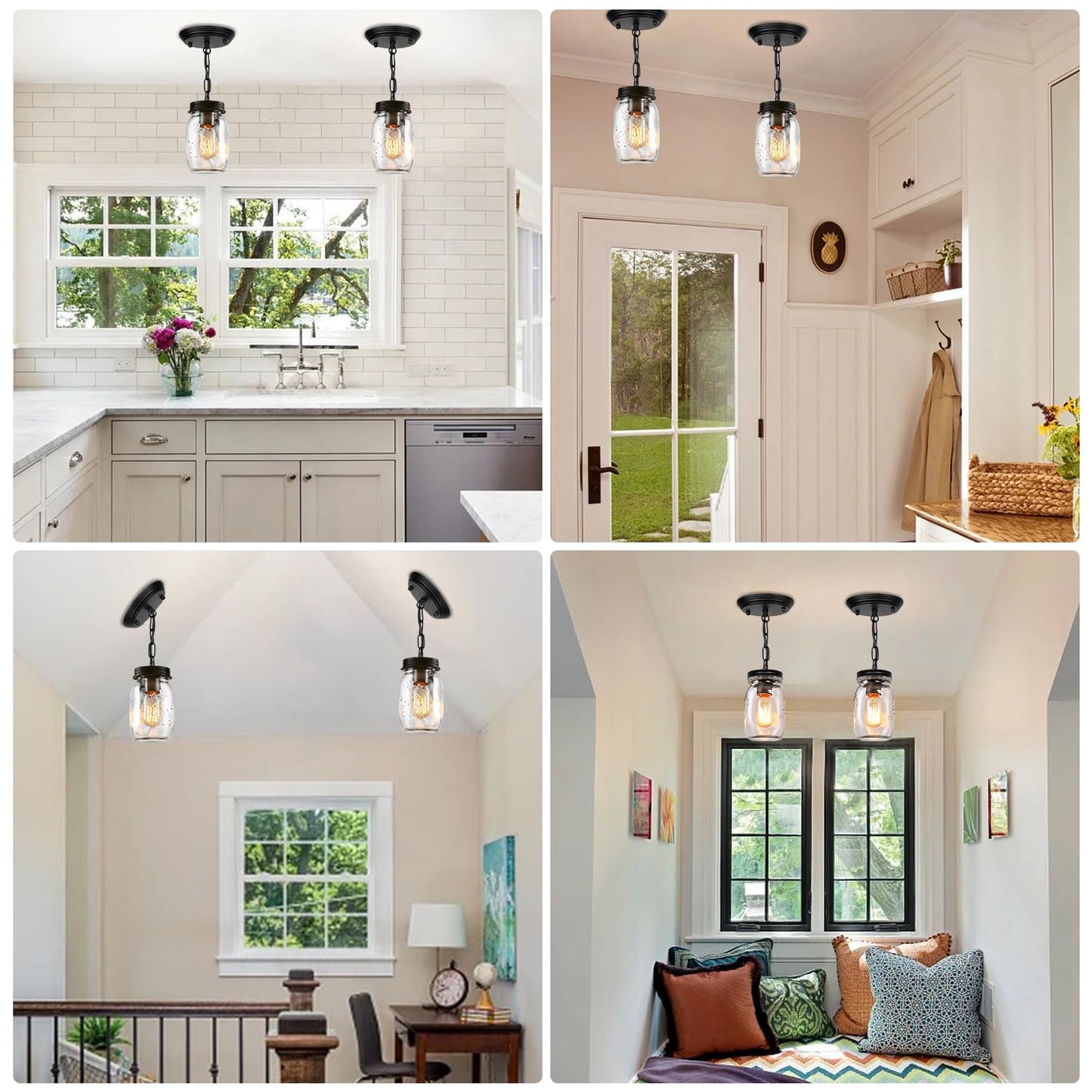 PUZHI HOME Glass Mason Jar Pendant Light Fixture, 1-Light, Metal, Black, Ideal for Kitchen, Dining Room, Hallway, Model 3