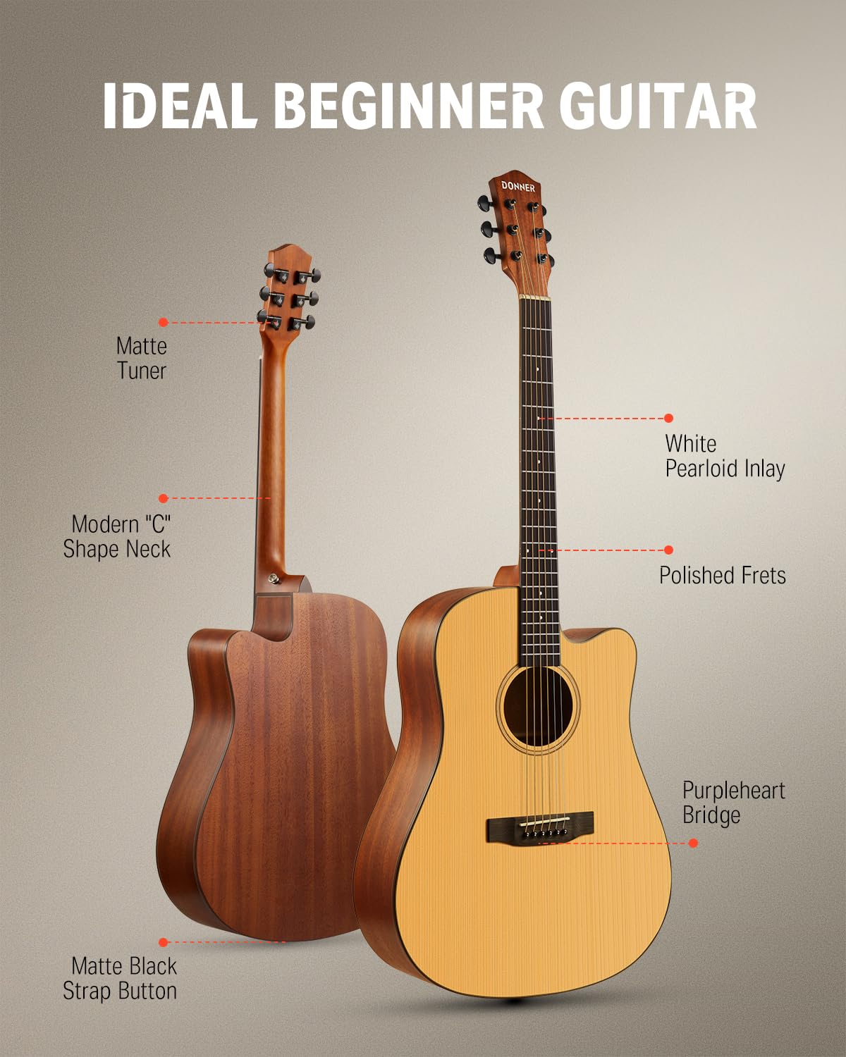 Donner 41” Acoustic Guitar Bundle for Beginners - Natural Steel Acoustic, Model DAG-1C with Gig Bag, Tuner, Strap, Picks, and Capo