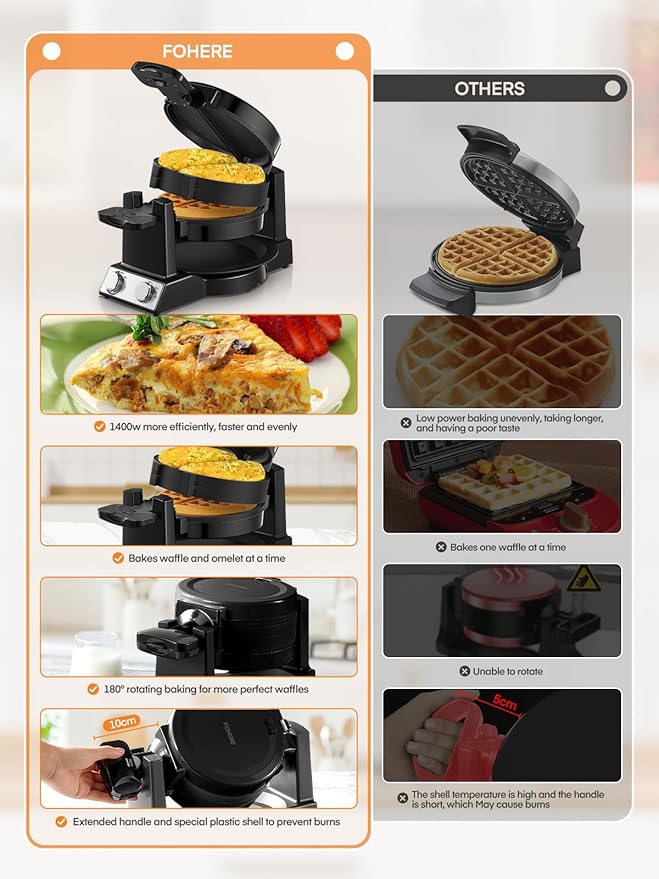 FOHERE 2-in-1 Waffle Maker & Omelette Maker, 1400W Double Belgian Waffle Iron 180° Flip, Adjustable Browning Control, Rotating & Nonstick Pans, Removable Drip Tray, Cool Touch Handle (Dark Black)