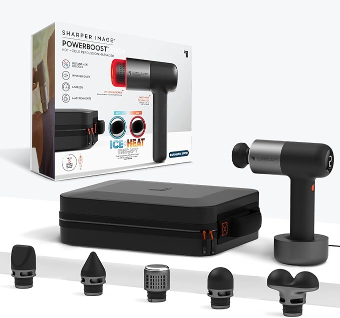 Sharper Image Deep Tissue Percussion Massage Gun, Powerboost Pro+ Hot & Cold Rechargeable Handheld Massager, 6 Adjustable ...