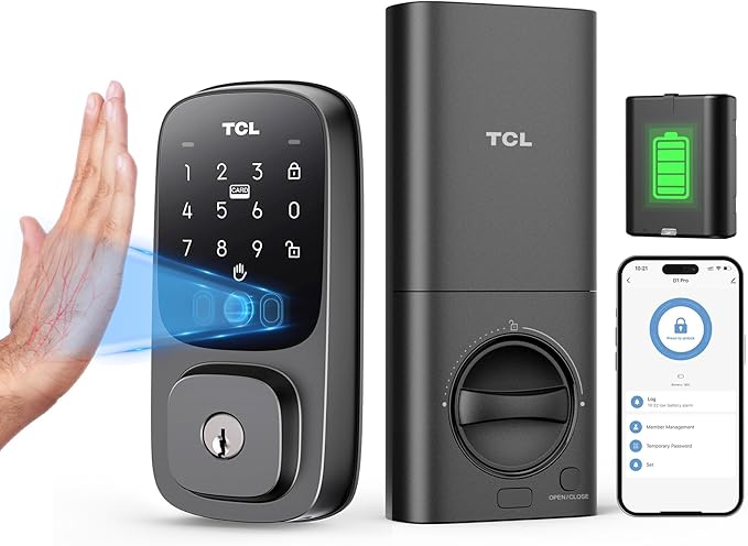 TCL D1 Pro Palm Vein Smart Lock, Keyless Entry Door Lock, Upgraded Rechargeable Battery, Front Door Smart deadboalt, App R...