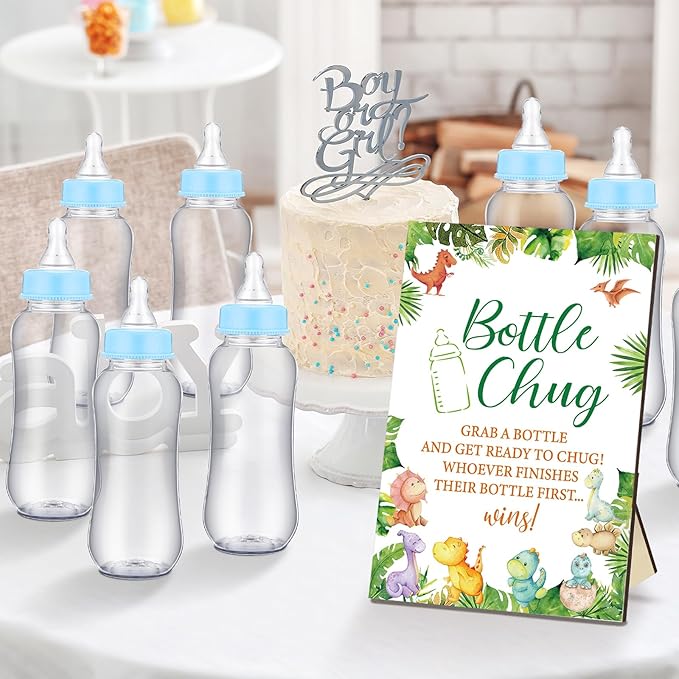 TrelaCo Dinosaur Cool Baby Shower Games Bottle Chug Sign Wooden Green Leaf Gift Sets Gender Reveal Party Favors and 12 Pcs Baby Bottle Shower Favor for Game Gender Reveal