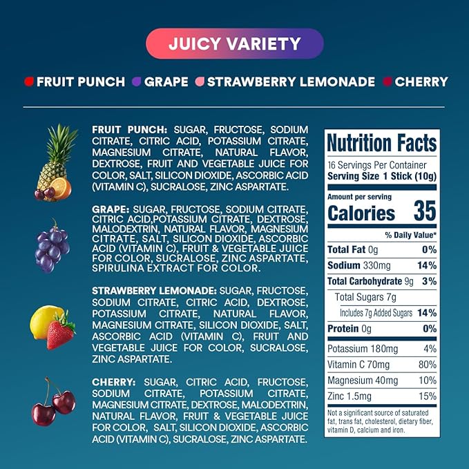 DripDrop Hydration Packets - Juicy Variety Pack - Single Serve Electrolytes Powder Drink Mix - Grape, Fruit Punch, Strawberry Lemonade, Cherry - Non-GMO, Gluten Free, Vegan - 16 Sticks