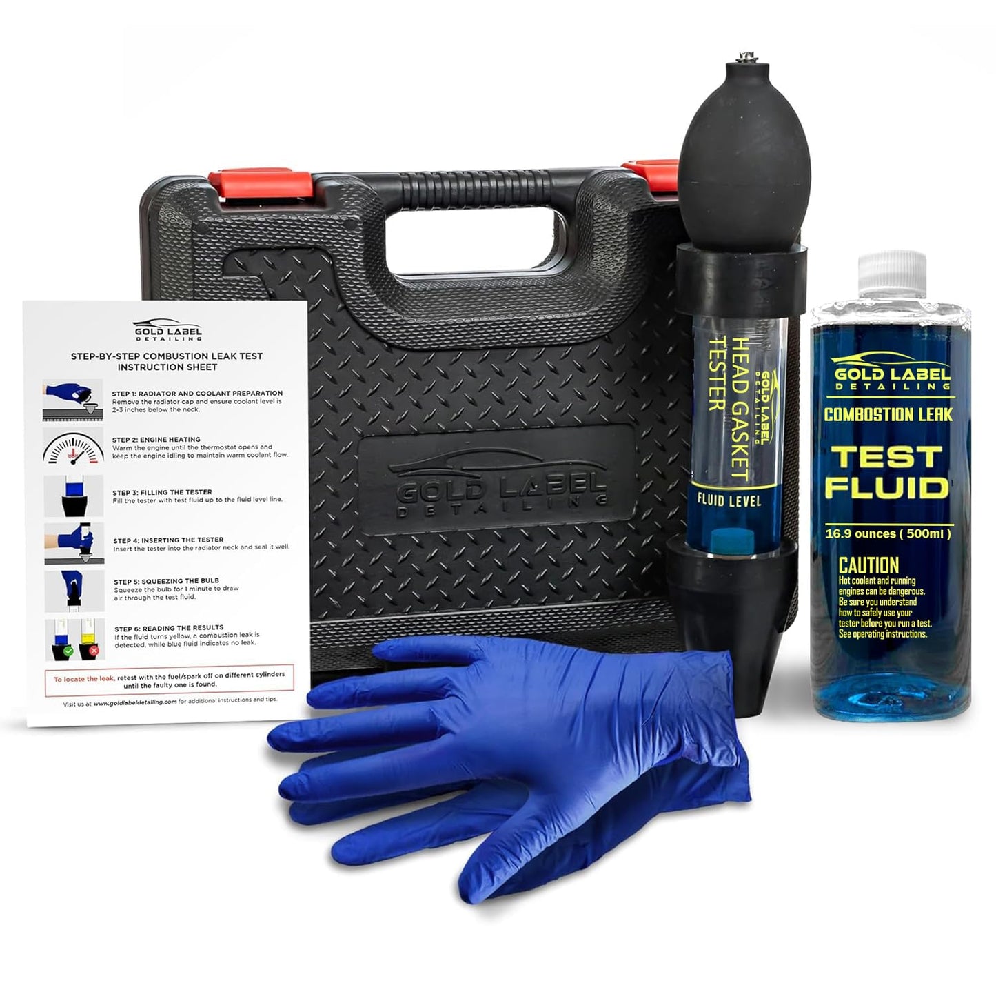 Gold Label Detailing Combustion Leak Detector Kit - 100+ Tests Automotive Engine Block and Head Gasket Tester, Ideal for Detecting Blown Gaskets (Tester with 18oz Fluid)