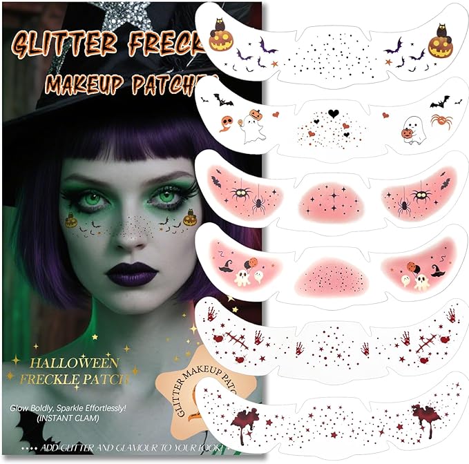 Glitter Freckles, Holographic Face and Body Glitter Tattoo Sparkle for Women Gold Glow Cosmetic Star Makeup Accessories for Festival Rave (6pcs Halloween)