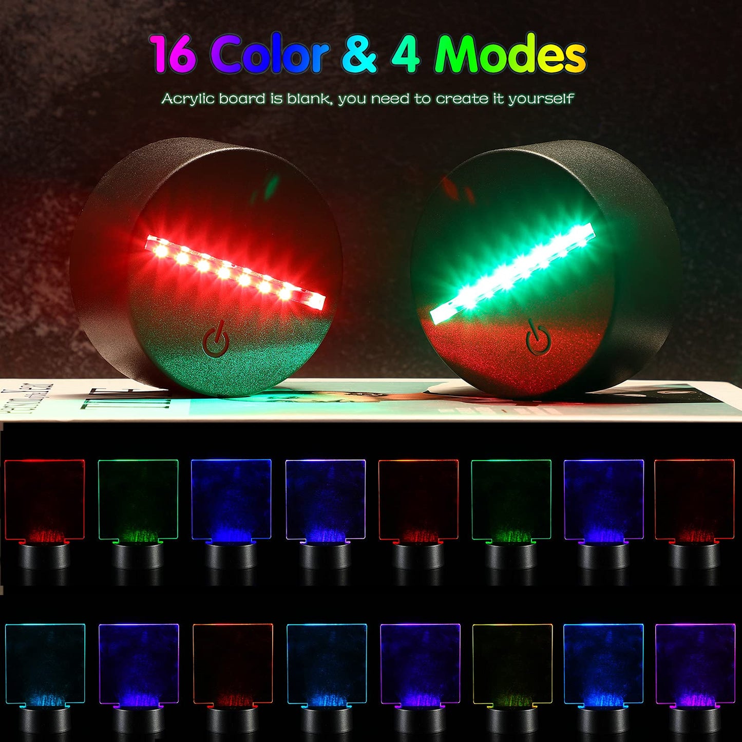 Honoson 3D Night Light LED Lamp Set - 4 Acrylic Sheets, 4 Remotes, 4 Charging Cables, 16 Colors, Adjustable Modes, Square Style