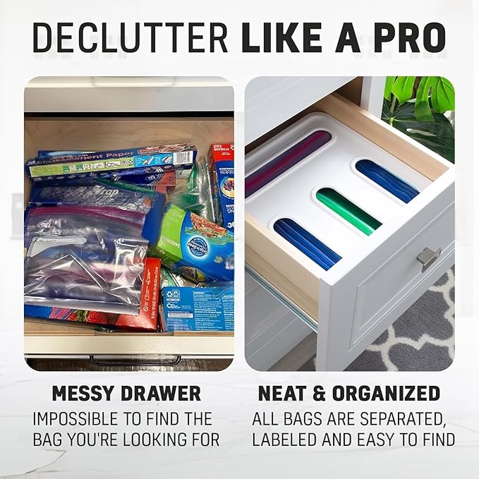 HIMUS Food Storage Bag Organizer - 4 in 1 Plastic Baggie Organizer for Drawer | Compatible with Sandwich, Snack, Gallon, Quart & Slider | Plastic Bag Organizers Kitchen Storage| Wall & Drawer Mount