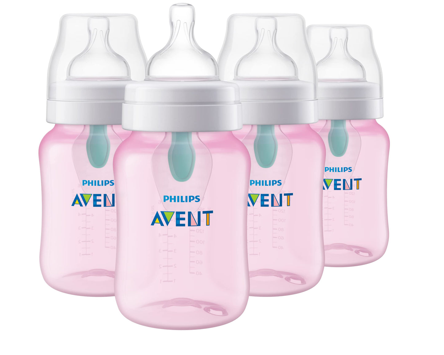 Philips Avent Anti-Colic Baby Bottle with AirFree Vent, 9oz, with Flow 2 Nipples, 1m+, 4pk, Pink, SCY703/14