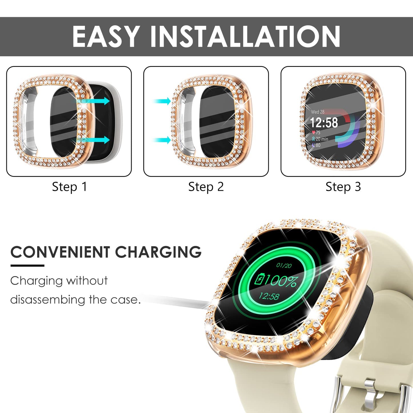 Fullife 3-Pack Tpu Bumper For Fitbit Versa 4 Screen Protector, Crystal Diamond Bling Case Hd Full Protective Cover For Men Women