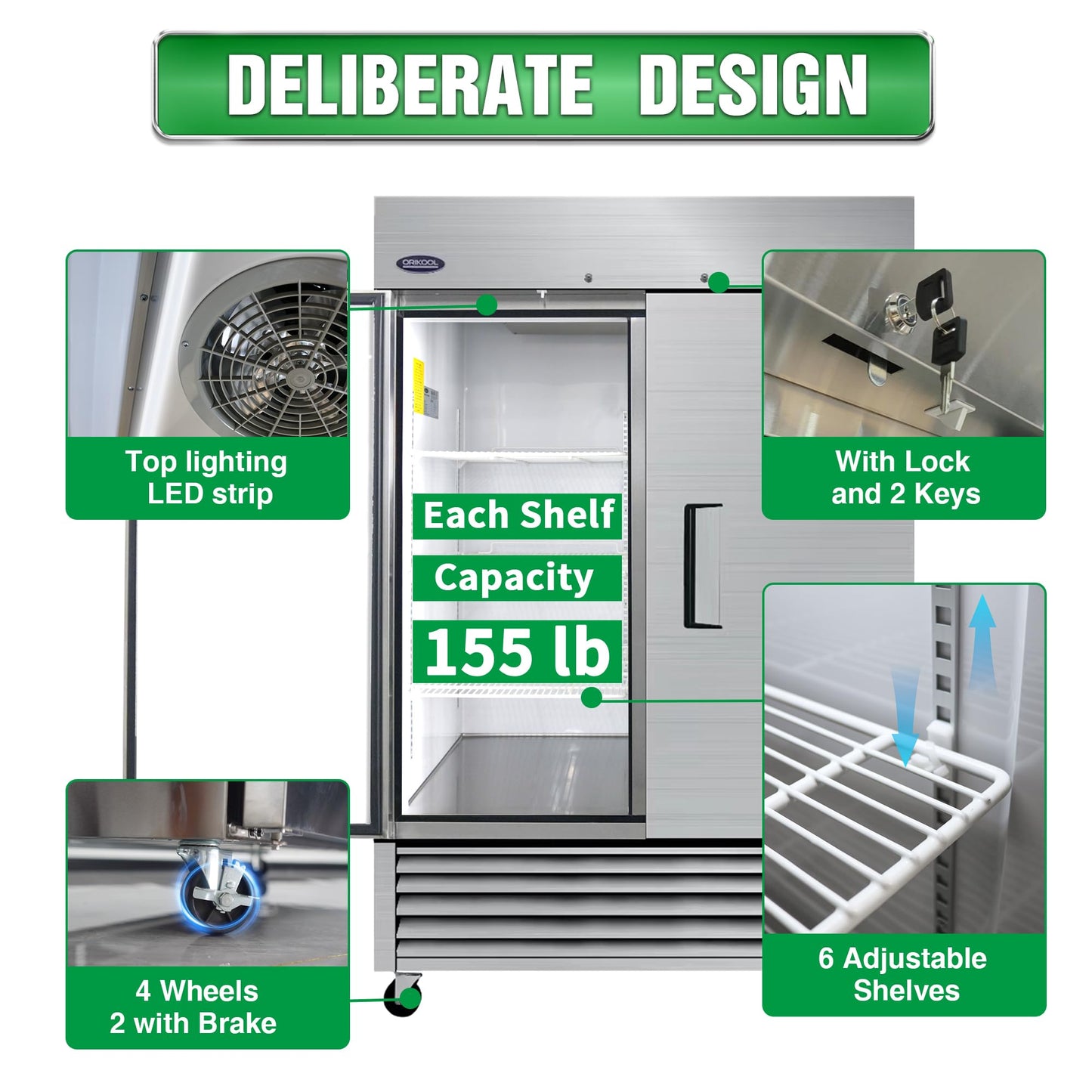 ORIKOOL 54" W Commercial Reach-In Upright Refrigerator - Double Doors Stainless Steel Fridge, 49 Cu.ft Capacity, 6 Adjustable Shelves, Auto Defrost, Digital thermostat control, LED Lighting