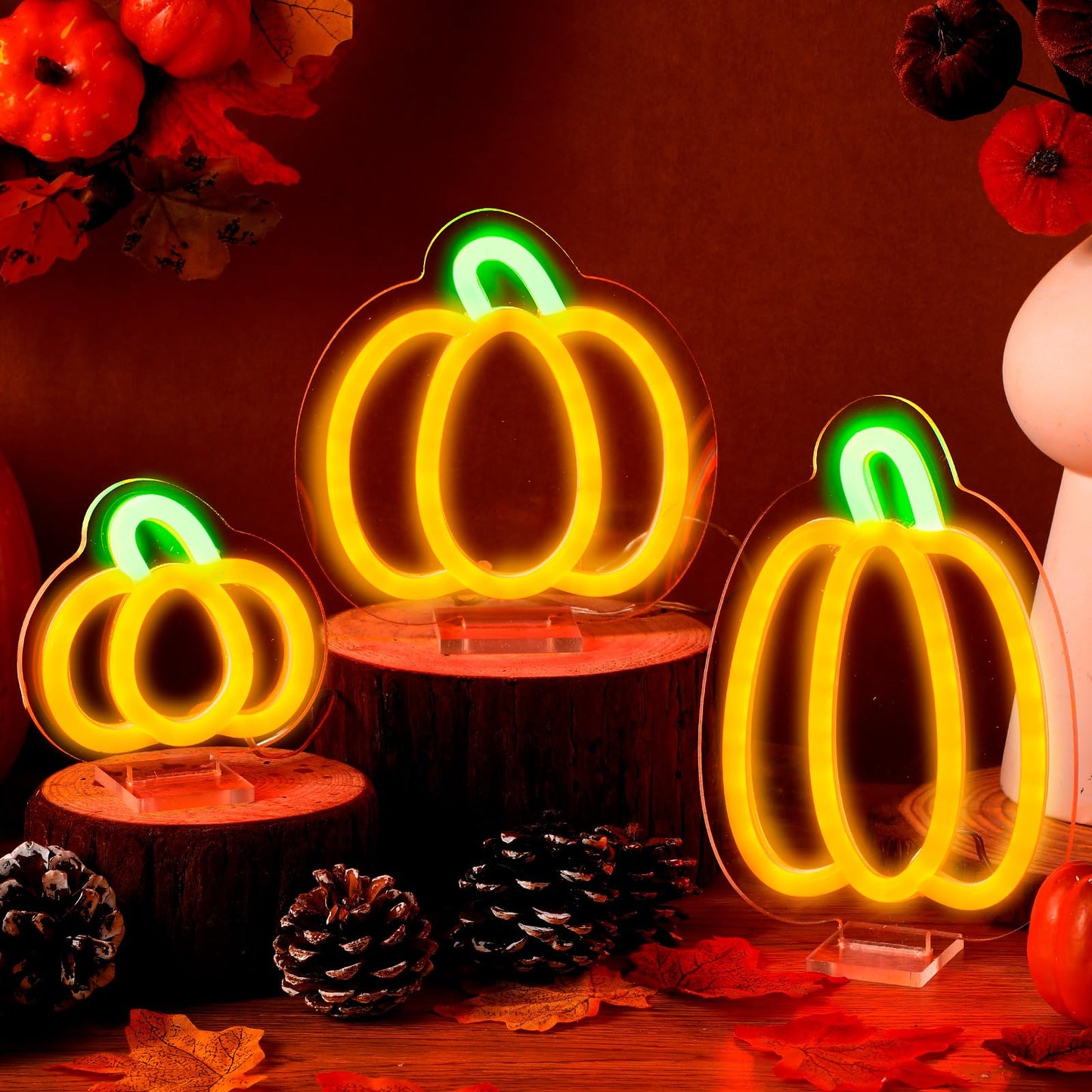Retisee 3 Pcs Thanksgiving Neon Sign Led Pumpkin Lights Dimmable Pumpkin Neon Signs Battery Operated For Home Wall Window Harvest Celebrate Party Holiday Decor Gift