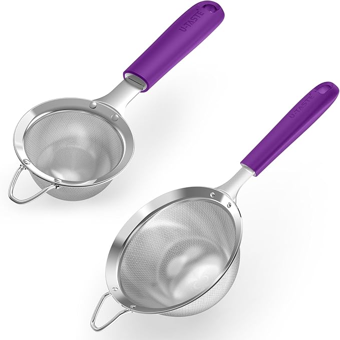 U-Taste Fine Mesh Food Strainer: 18/8 Stainless Steel 30 Mesh Kitchen Sieve with Sturdy Riveted Silicone Handle, Heavy Duty Deep Handheld Metal Colander (Small/3.35in+Medium/4.73, Purple)