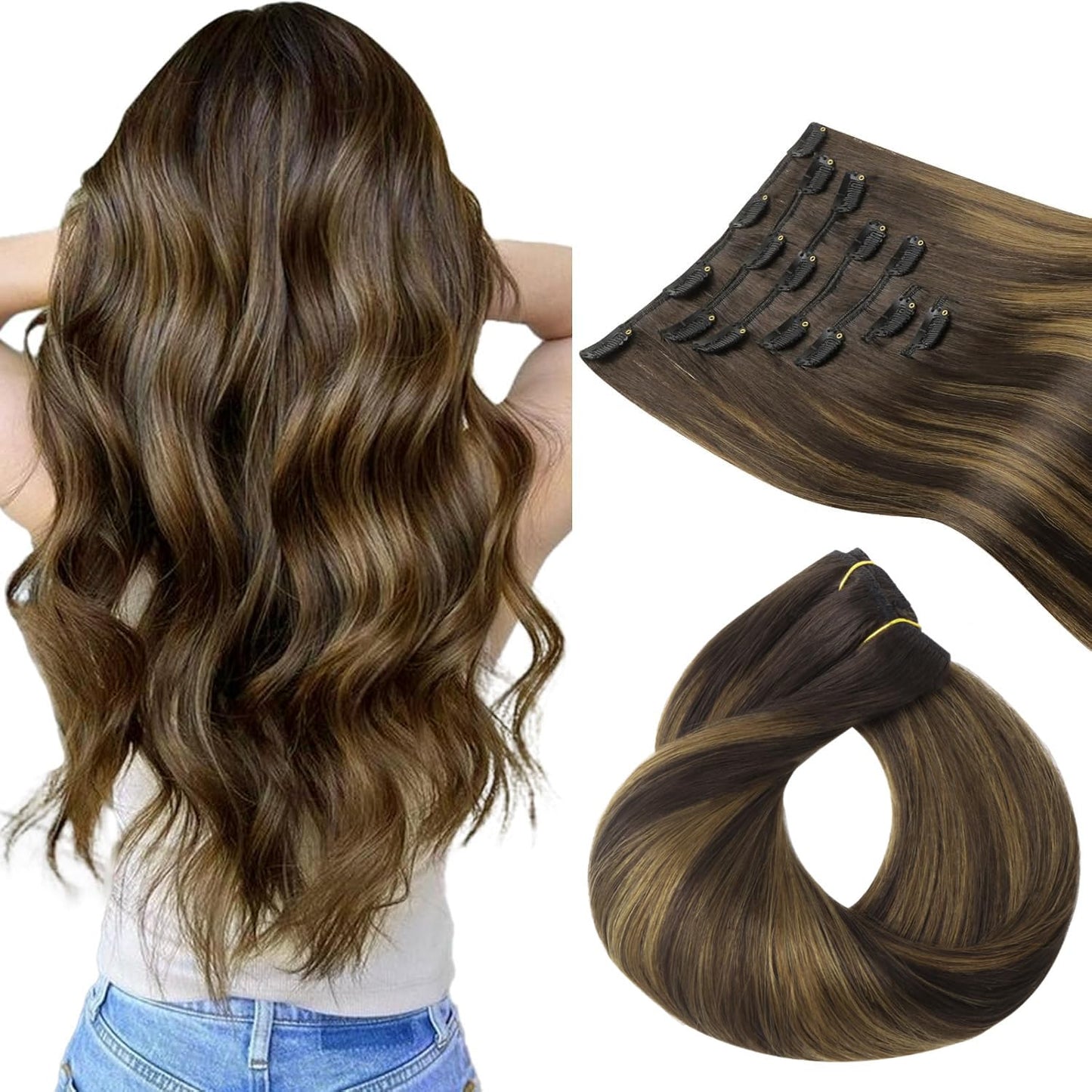 HOTBANANA Clip in Hair Extensions Real Human Hair, 145g 7pcs 24 inch Dark Brown to Chestnut Brown Clip in Human Hair Extensions