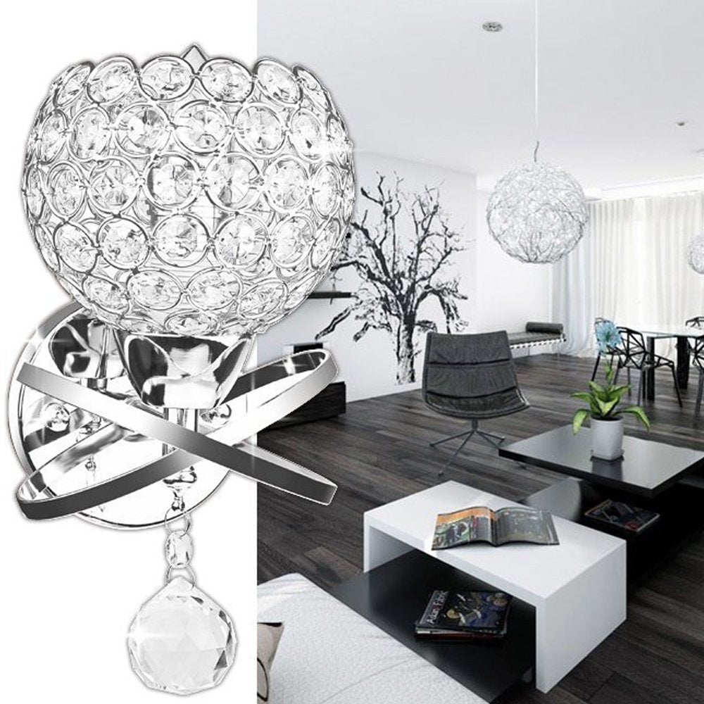 WeFoonLo Modern Crystal Wall Light Fixture, Chrome Finish, E14 Socket, Spherical, Bedroom Sconce, Model TL1135, Silver