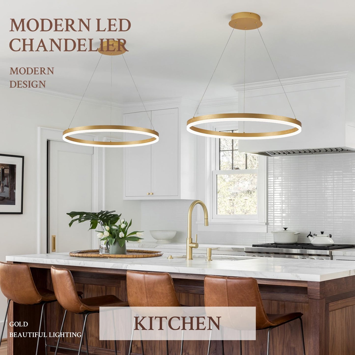 Sparklelf Modern Led Pendant Lighting 24 Ring Chandelier Gold Dimmable Led Chandelier For Dining Room 36W Adjustable Pendant Light Fixture For Living Room Bedroom Home Office Foyer  3000-6500K
