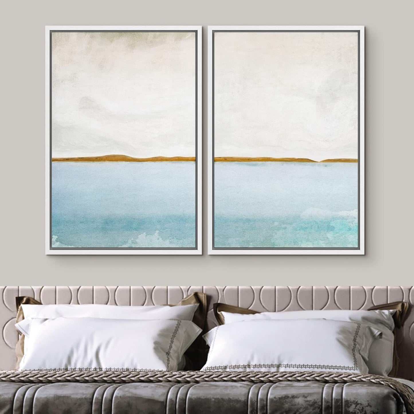 SIGNWIN Framed Canvas Print Wall Art Set Gold Blue Ocean Sea Beach Landscape Nature Wilderness Illustrations Modern Art Decorative Rustic Chic for Living Room, Bedroom, Office - 16"x24"x2 White
