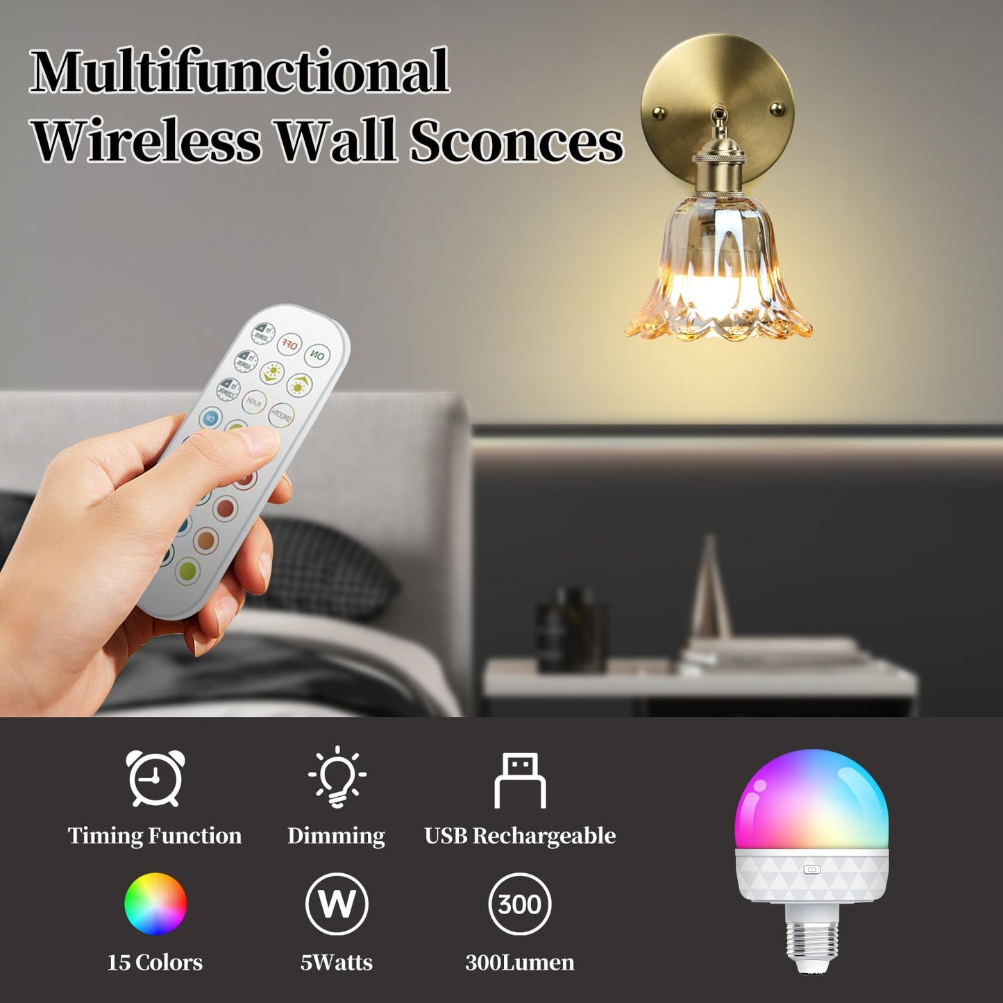 GEEZO Vintage Battery Operated Wall Sconce with Remote Control, Pineapple Amber, 1 Pack, Model GEEZO-Y-4, Polyester Material