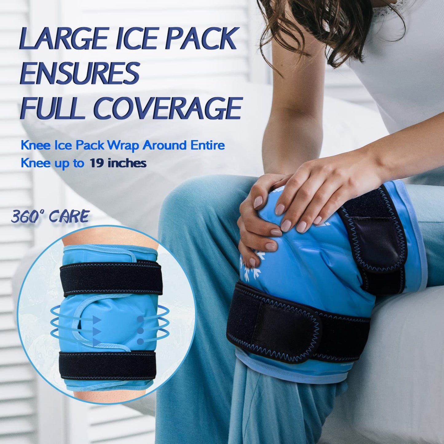 KingPavonini XXL Knee Ice Pack Wrap Around Entire Knee After Surgery, Large Reusable Gel Ice Pack for Injuries, Pain Relief, Swelling, Sports Injuries, 2 Pack (Sky-Blue)