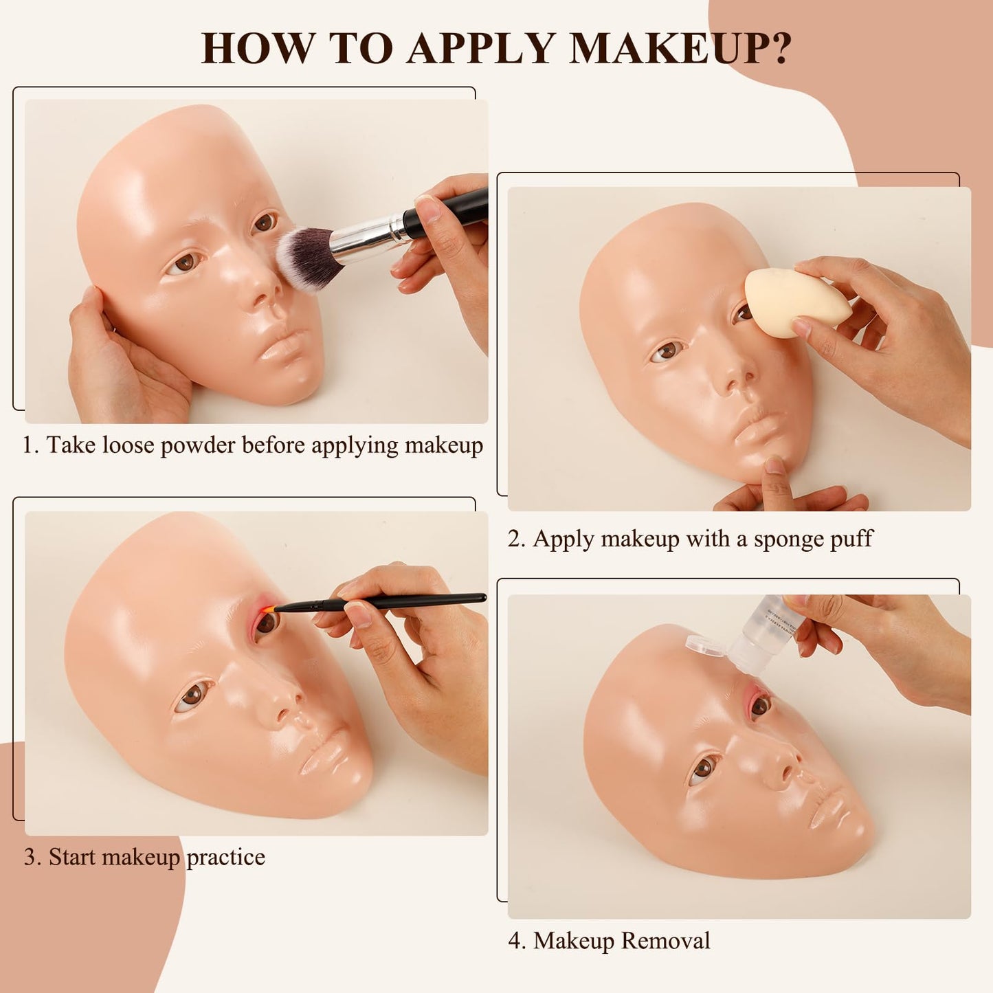 Makeup Practice Board with Face Painting and 2 Makeup Brushes for Stage/Halloween - Beginner Practice (Pink)