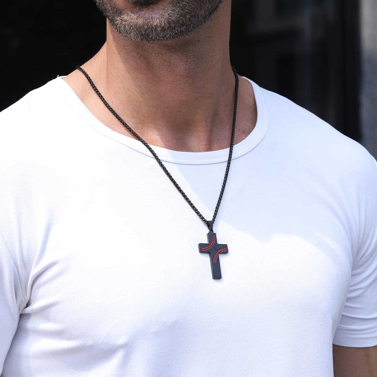 Zocomi Cross Necklace for Men Baseball Pendant Chain Black Stainless Steel Religious Christian Baptism First Communion Confirmat