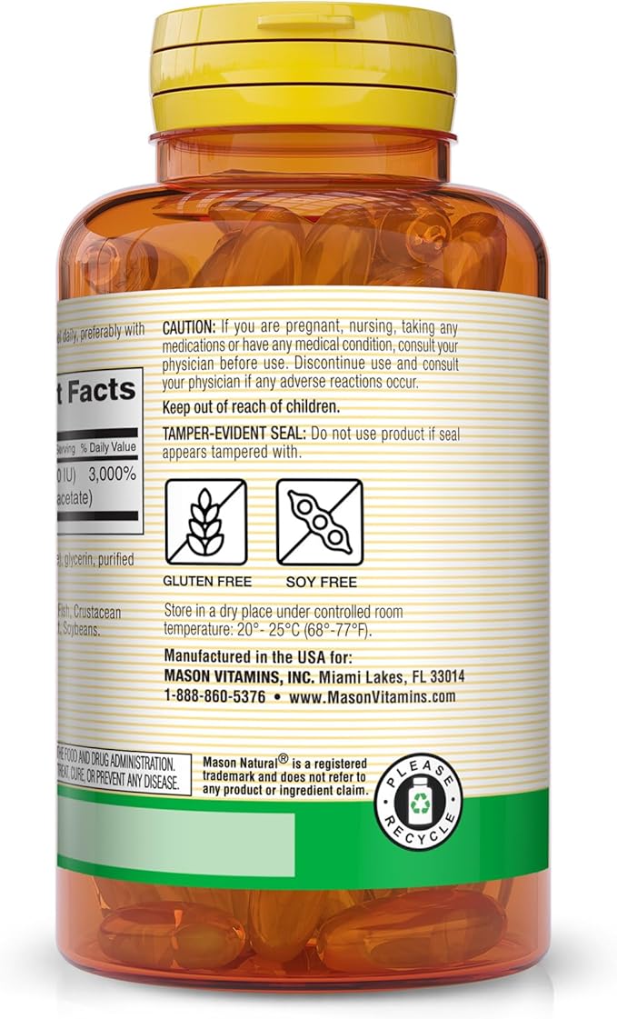 MASON NATURAL Vitamin E 450 mg (1,000 IU) - Antioxidant and Essential Nutrient, Healthy Immune System, Skin and Eyes, Whole Body Supplement, 50 Softgels