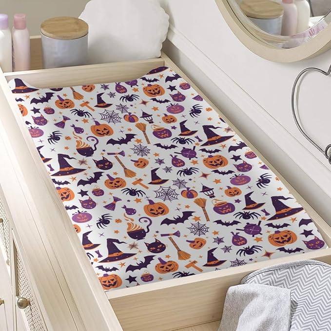 Halloween Pumpkin Spider Witch Hat Cat Stars Pattern Baby Changing Pad Cover, Unisex Fall Winter Holiday Nursery Diaper Changing Table Pad Mat Sheet for Boys Girls-16x32