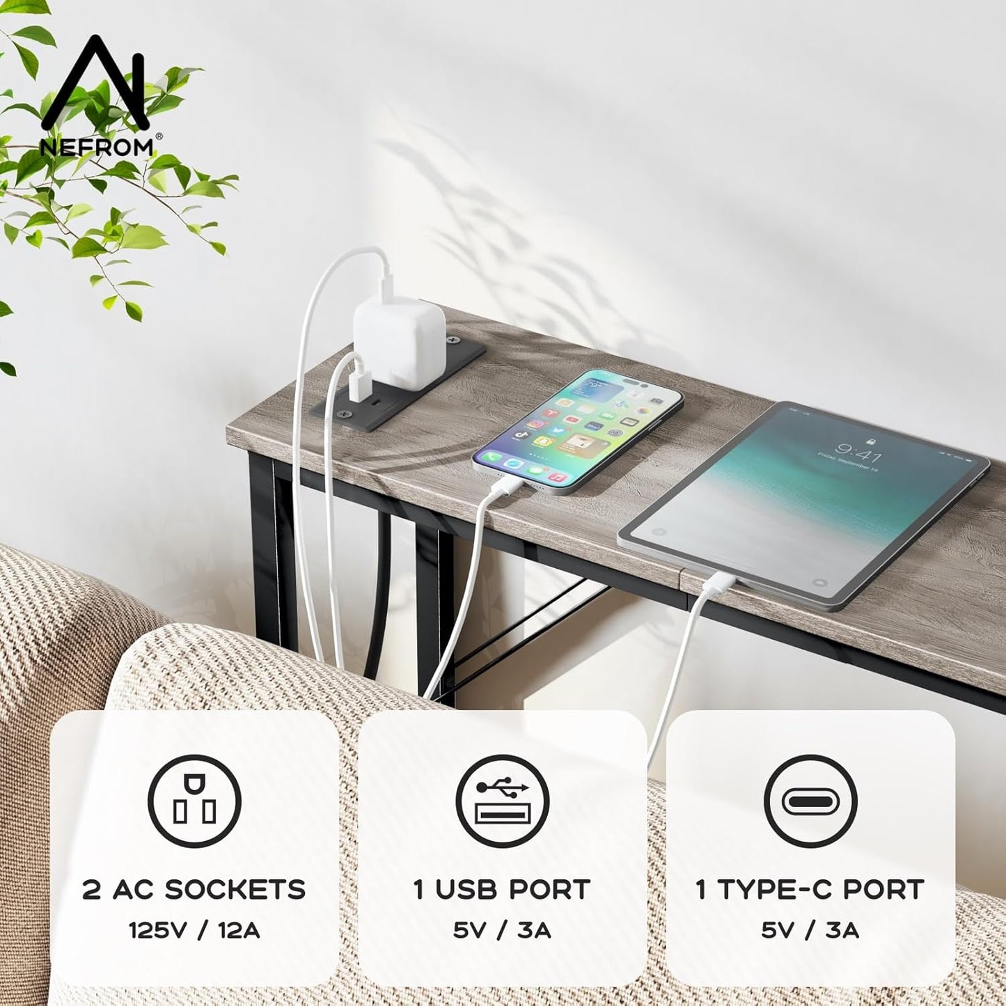 Console Table, Skinny Entryway Table with Fast-Charging Station, Narrow Long Sofa Table, Behind Slim Couch Table for Entrance, Hallway, Living Room Decor ST-GY100-1