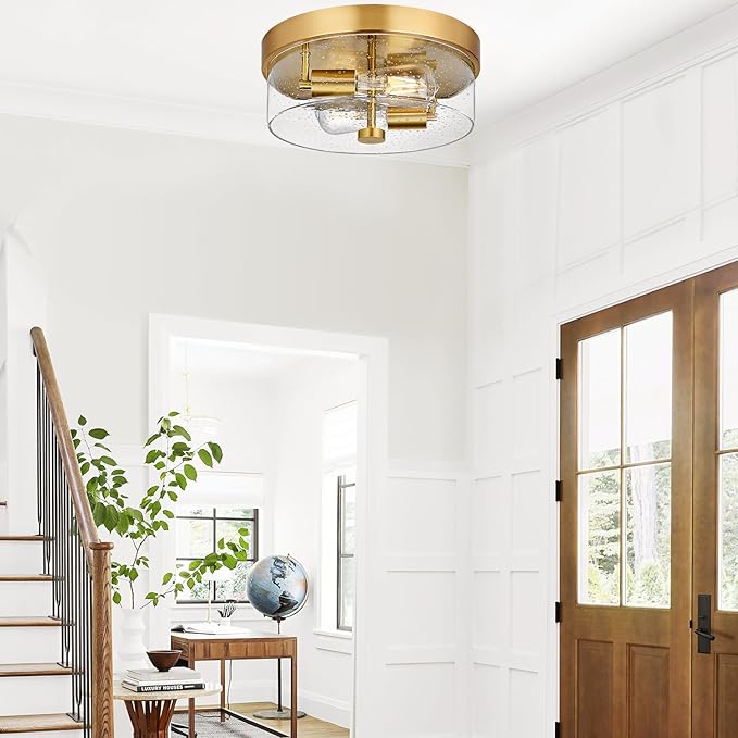 Flush Mount Ceiling Light Fixtures, 2-Light Gold Ceiling Mount for Farmhouse with Seeded Glass Lampshade, Industrial Flush Mount Light Fixture Farmhouse for Hallway, Kitchen, Entryway and Foyer