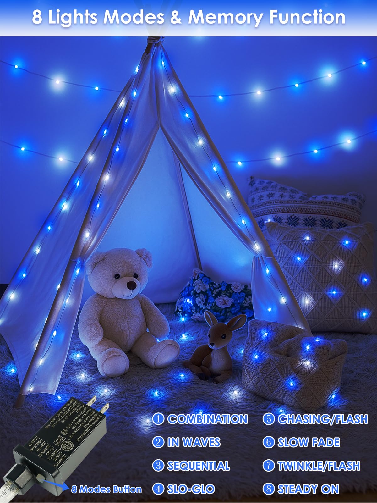BHCLIGHT 66Ft 200 LED Fairy Lights, Waterproof String Lights, 8 Modes, Copper, 1 Pack, Blue and White