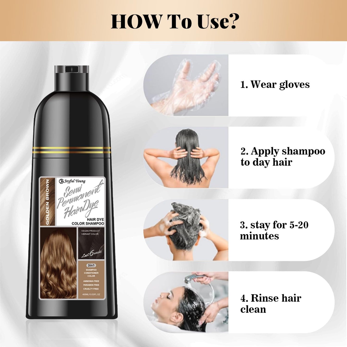 Joyful Young Natural Color Hair Dye Shampoo 3 IN 1, Instant Hair Coloring, Gray Coverage for Men & Women, Beard Dye Vegan Ammoni