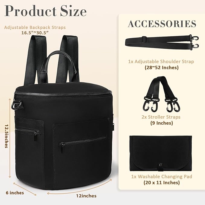 miss fong Neoprene Diaper Bag - Baby Diaper Bag,Large Capacity Neoprene Backpack with Changing Pad Travel Diaper Backpack with 16 Pockets for Mom & Dad