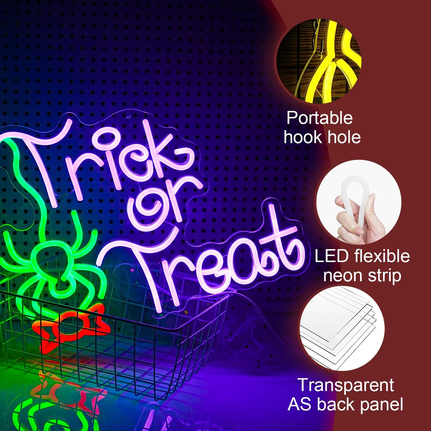 LIUOZHTEA Neon Sign - Trick Or Treat LED Light, Dimmable, Halloween Decor, 16.7 x 12.8 inches, Green Red Purple, Acrylic