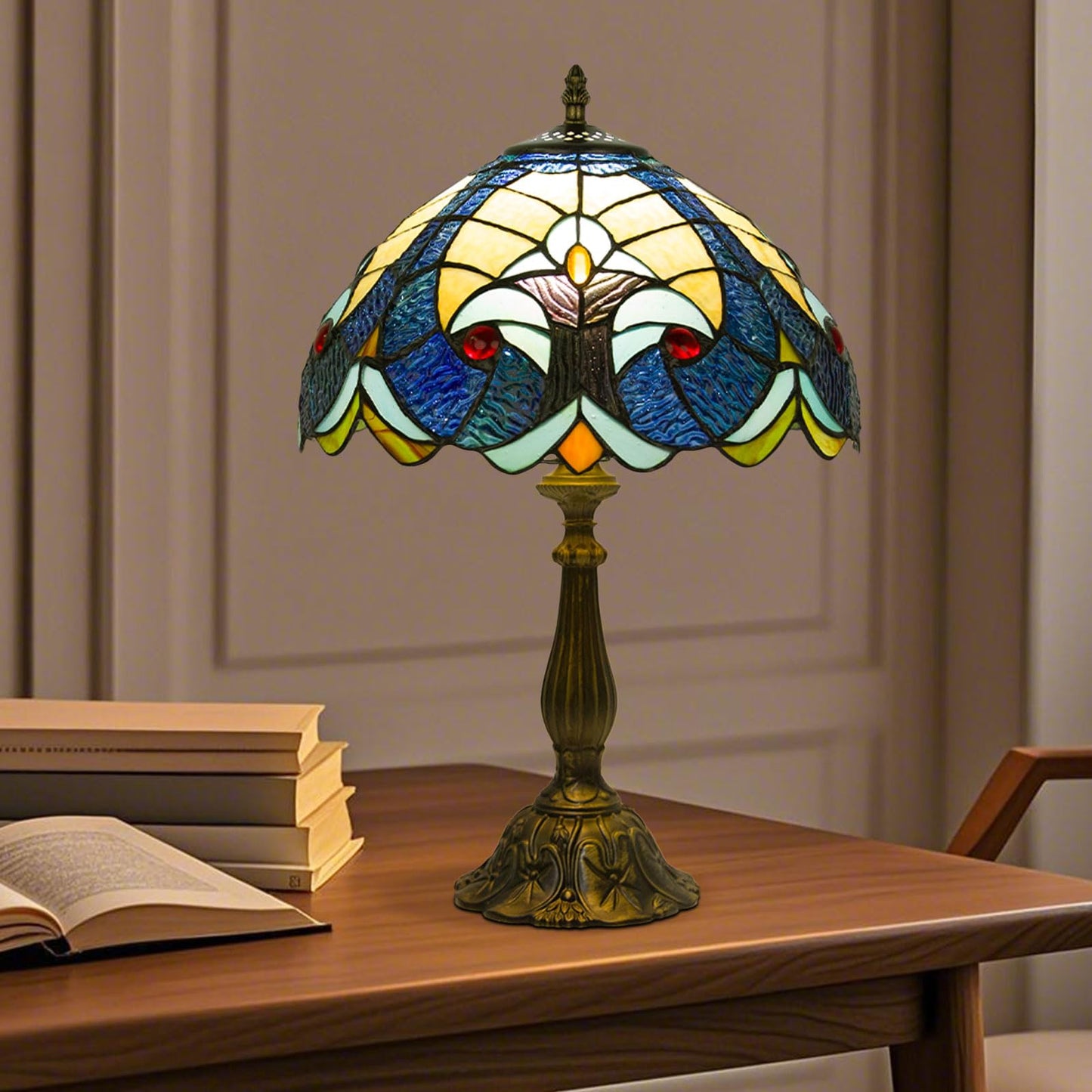 Crefotu 12 Inch Tiffany Table Lamp with Remote Control, Dimmable Colors, Glass, Beige Baroque, Model CFLPUS-004