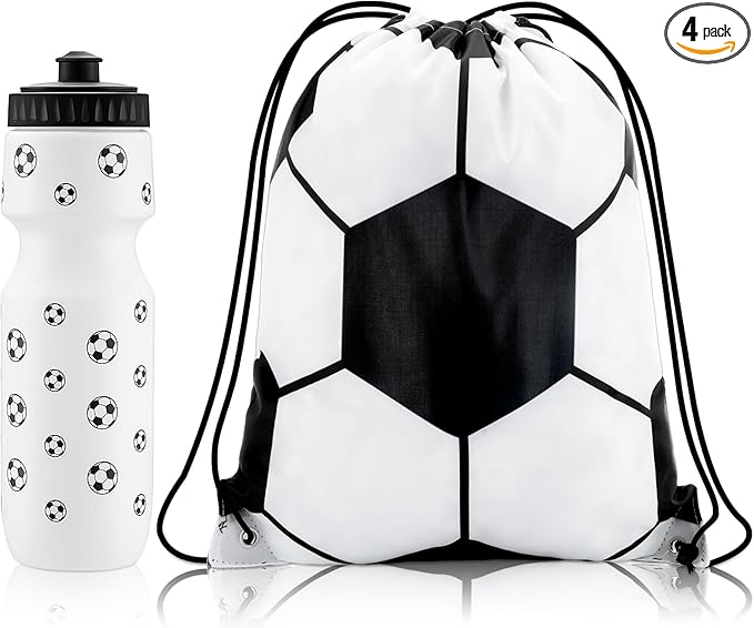4 Pcs Soccer Party Favors Sports Drawstring Bag 24 oz Soccer Reusable Water Bottles Sports Water Bottle for Sporting Cycling Working Traveling Gym Outdoor