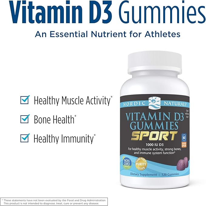 Nordic Naturals Vitamin D3 Gummies Sport, Wild Berry - 120 Gummies - 1000 IU Vitamin D3 - NSF Certified - Healthy Bones, Mood & Immune System Function - Non-GMO - 120 Servings