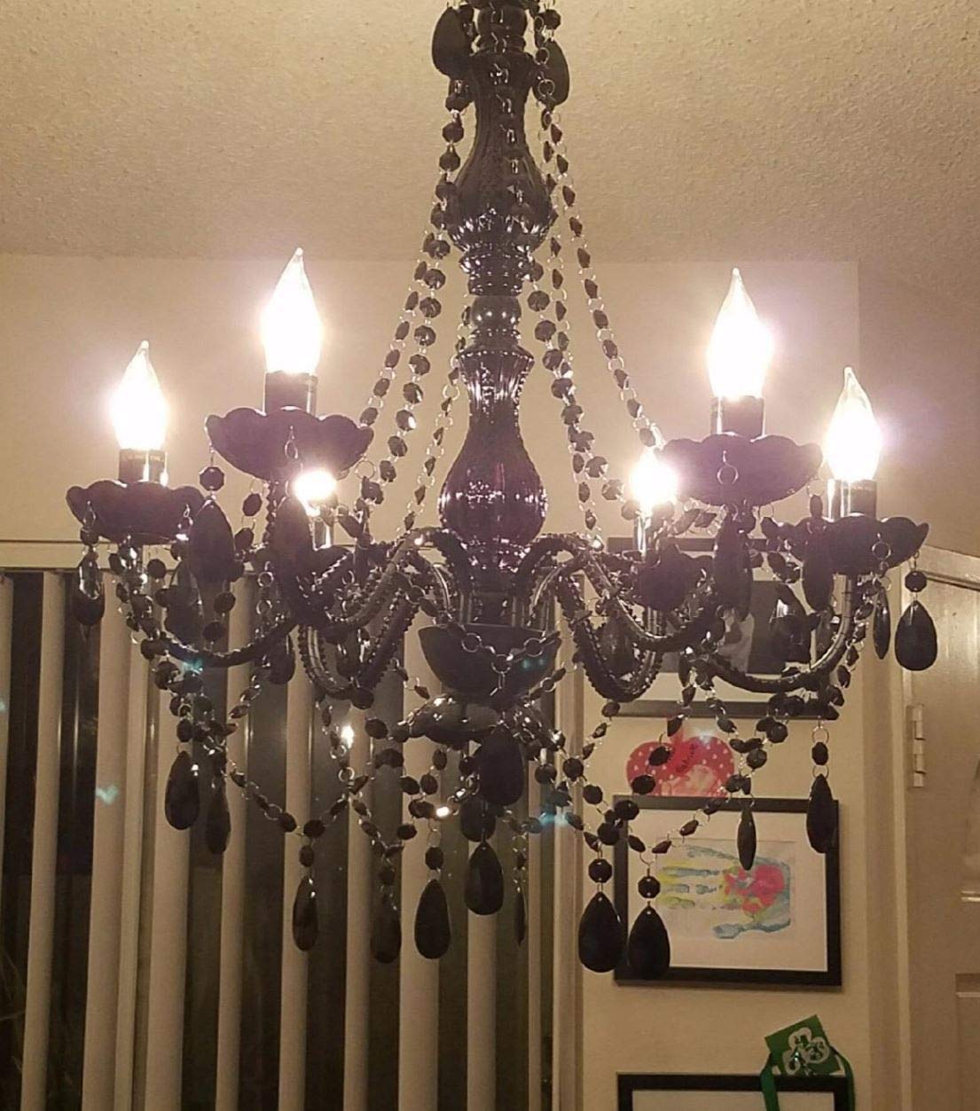 Gypsy Color 6 Light Plug-In Swag Chandelier, Black Metal Frame, Glass Stem, Acrylic Crystals, Model Gylgbkp, H26”Xw22”