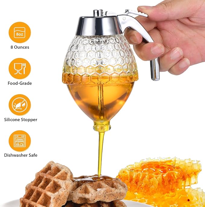 Honey Dispenser, 8oz Hunnibi Honey Container Dispenser No Drip Glass With Stand, Bee Container & Coffee Syrup Jar For Tea Time & Gifting, Elegant Comb Pot Bottle For Maple Syrup Bee