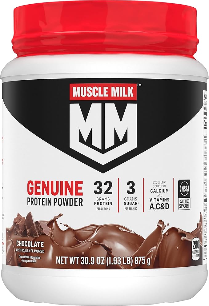 Muscle Milk Genuine Protein Powder, Chocolate, 1.93 Pounds, 12 Servings, 32g Protein, 2g Sugar, Calcium, Vitamins A, C & D, NSF Certified for Sport, Energizing Snack, Packaging May Vary