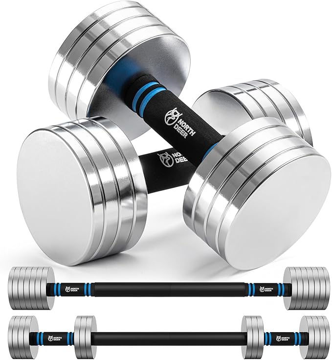 Northdeer V2.0 Upgraded Adjustable Steel Dumbbells 40LB / 60LB - 2 in 1 Dumbbell Barbell Set for Home Gym Workout - Compat...