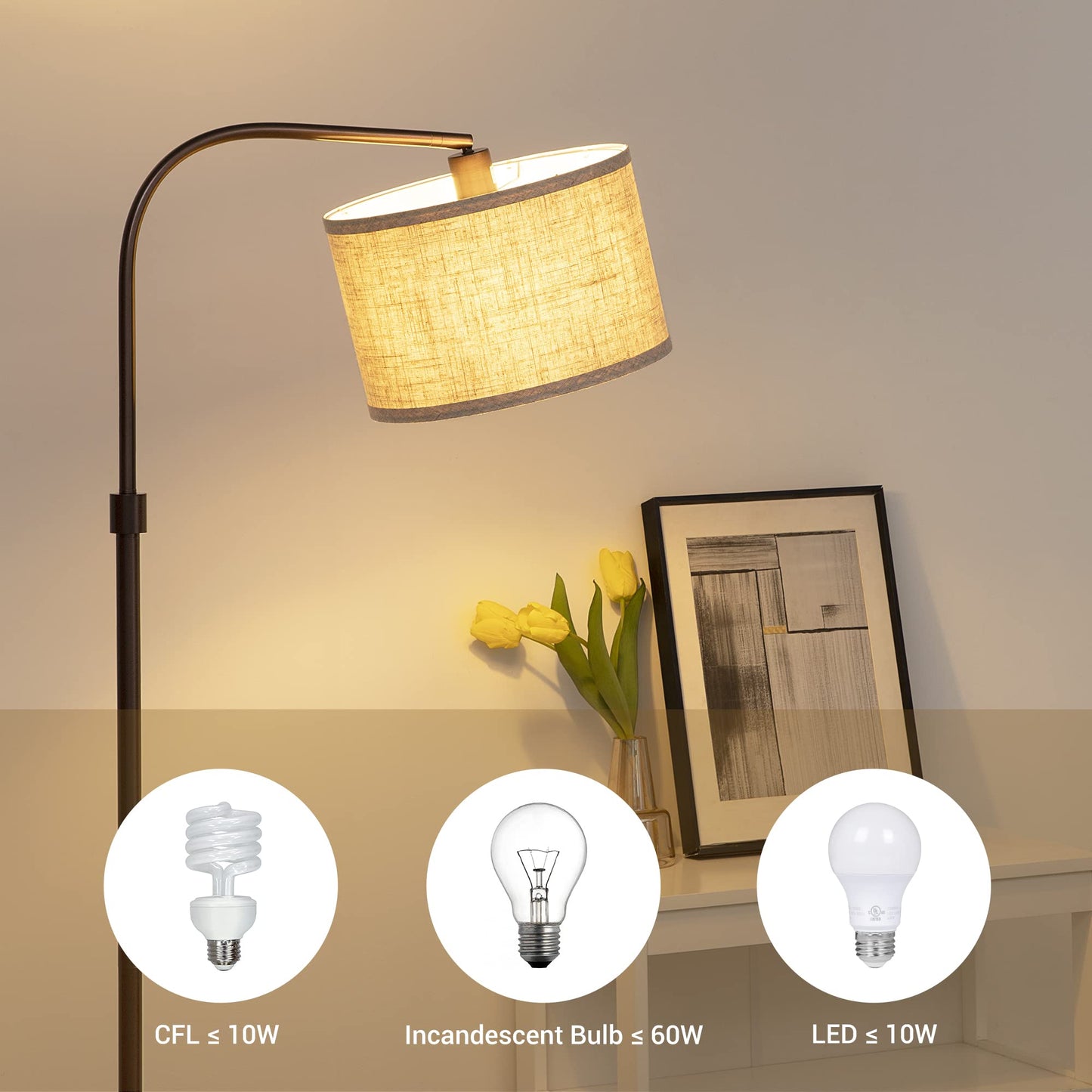 EDISHINE Arched Floor Lamp, Adjustable Linen Shade, Metal, Bronze, Model HOFL04G, Minimalist Design for Living Room, Bedroom, Office
