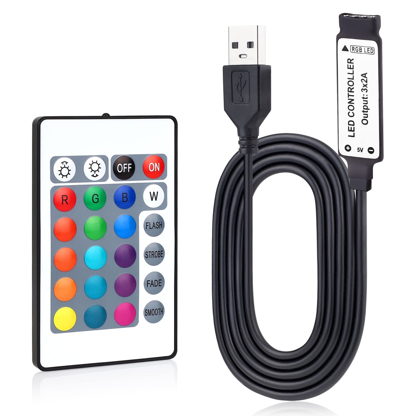 Rgbzone 5V Usb Rgb Led Controller With Ir Remote, 1M 4-Pin For 5050 2835 5630 Led Strip Lights, 24 Keys, Plastic