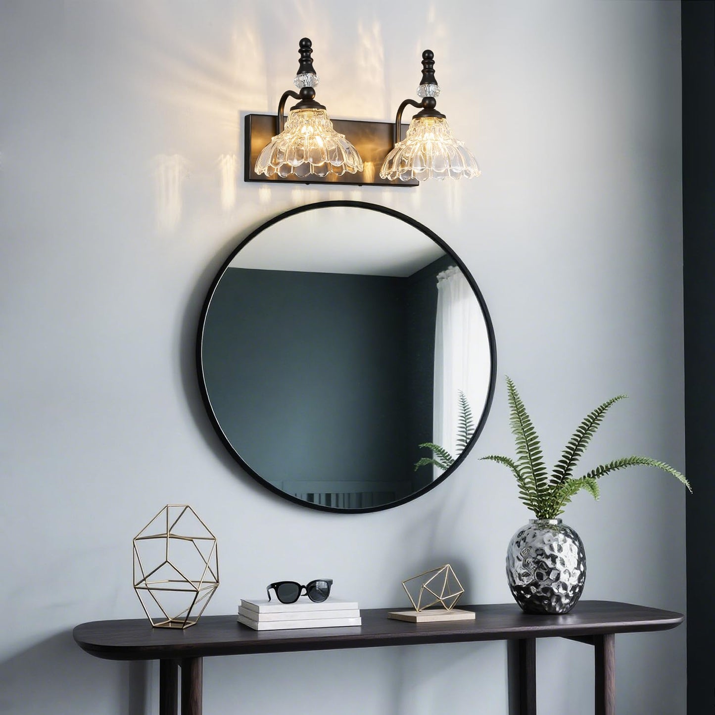 Lbsqj Vintage Bathroom Vanity Light  2-Light Black Vanity Lighting Fixture With Flower Glass Shade  Bathroom Lighting Fixtures Over Mirror