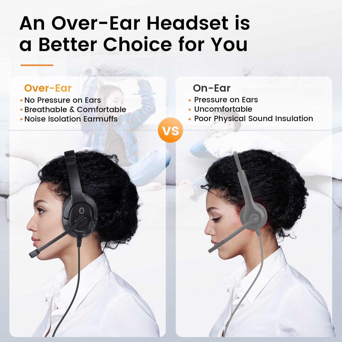Eksa Headset With Microphone For Laptop, Wired Computer Headset With Volume & Mic Mute Controls, Lightweight Pc Headphones For O