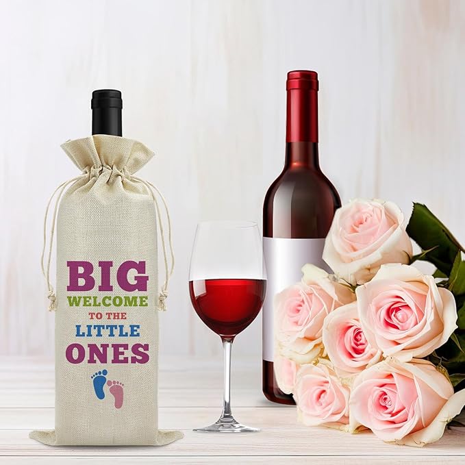 Baby Announcement Gift Welcome Baby Wine Bag for Friends Sister New Baby Birth Gift Baby Girl Baby Boy Gift Drawstring Wine Wrapping Bag Baby Shower Party Decors Reusable Burlap Wine Gift Bag