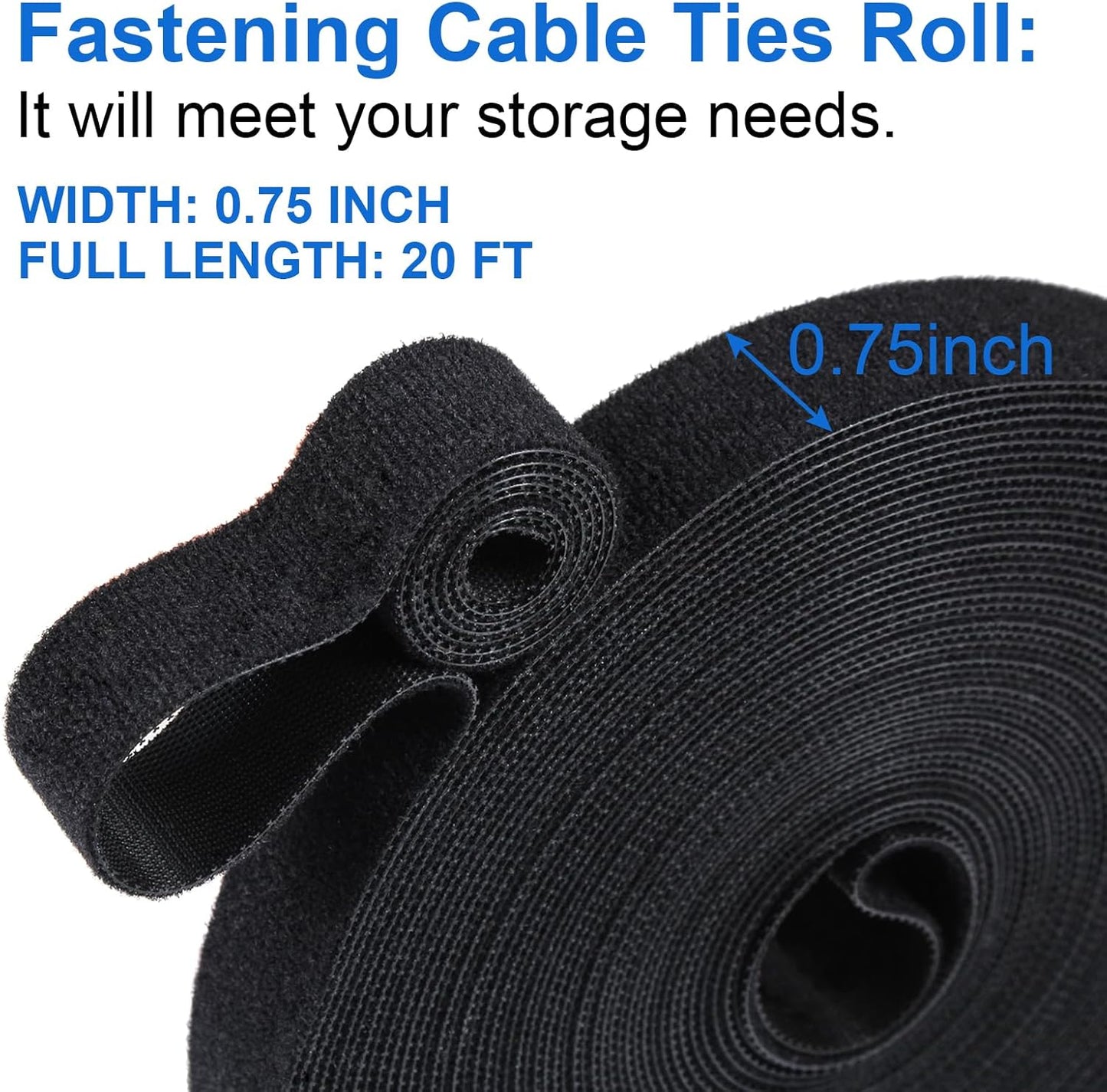 OneLeaf Fastening Cable Management Roll, 20ft x 3/4inch Cut to Length Straps, Reusable Multi-Purpose Cords Management, Double Sided Hook and Loop Cable Ties Roll (Black)